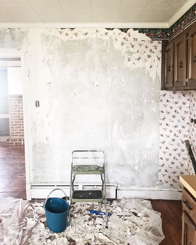 Whew! 😅 
Got almost all of the kitchen wallpaper off today. So far I’ve been spending the first half of the day doing emails and misc business things and the second half scraping wallpaper. Tom’s got a bit more work going on but we’ve got all month so we’re enjoying it and taking our time. We’re also cash flowing our projects so that’s helps with the taking our time part. ☺️ Now we’re on our way to get some dinner for the evening. It’s been a long time since we’ve had pizza and that’s a problem. 😂🍕(swipe for some cute puppy eyes)

I think we’ll work a little bit more tonight and rest some. Thank for all of the encouraging DMs from friends who’ve also had to scrape wallpaper. I’m starting to believe it’s worth it. 😅