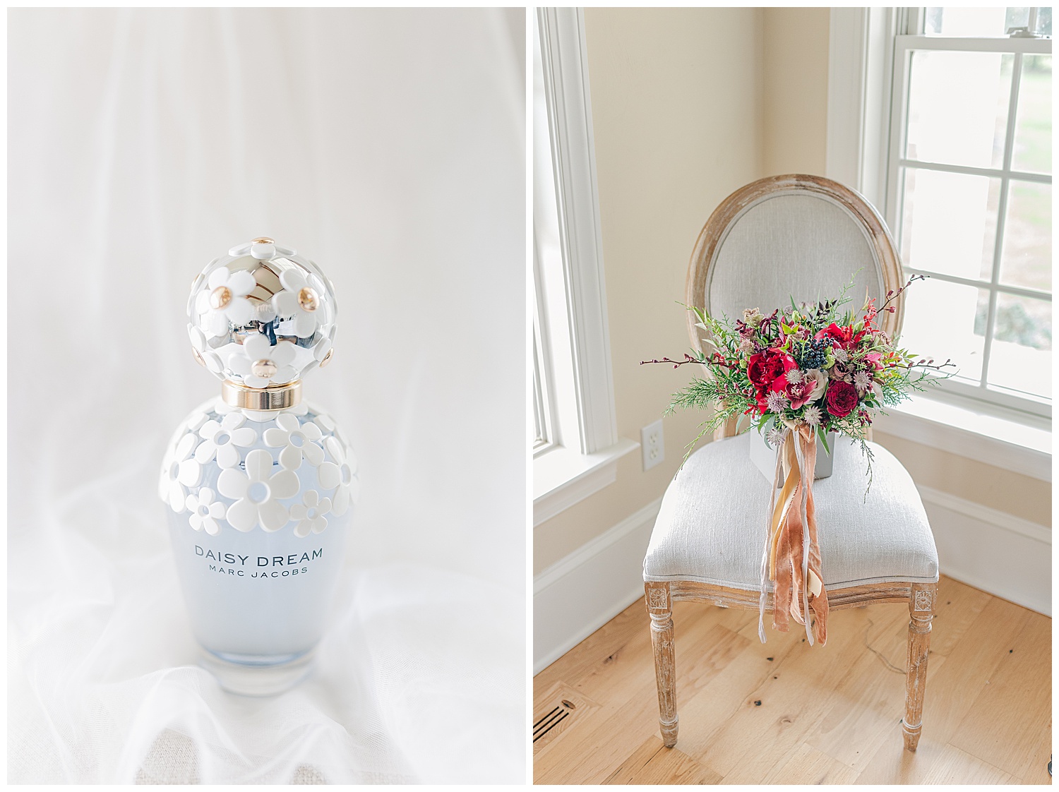 Wedding details; perfume and bouquet by blossom bliss