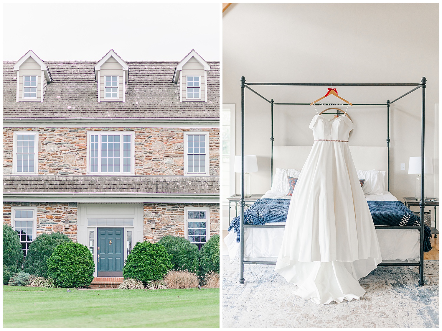 Left Photo: front of the Inn at Wyndridge Farms
Right Photo: wedding dress hanging from four poster bed