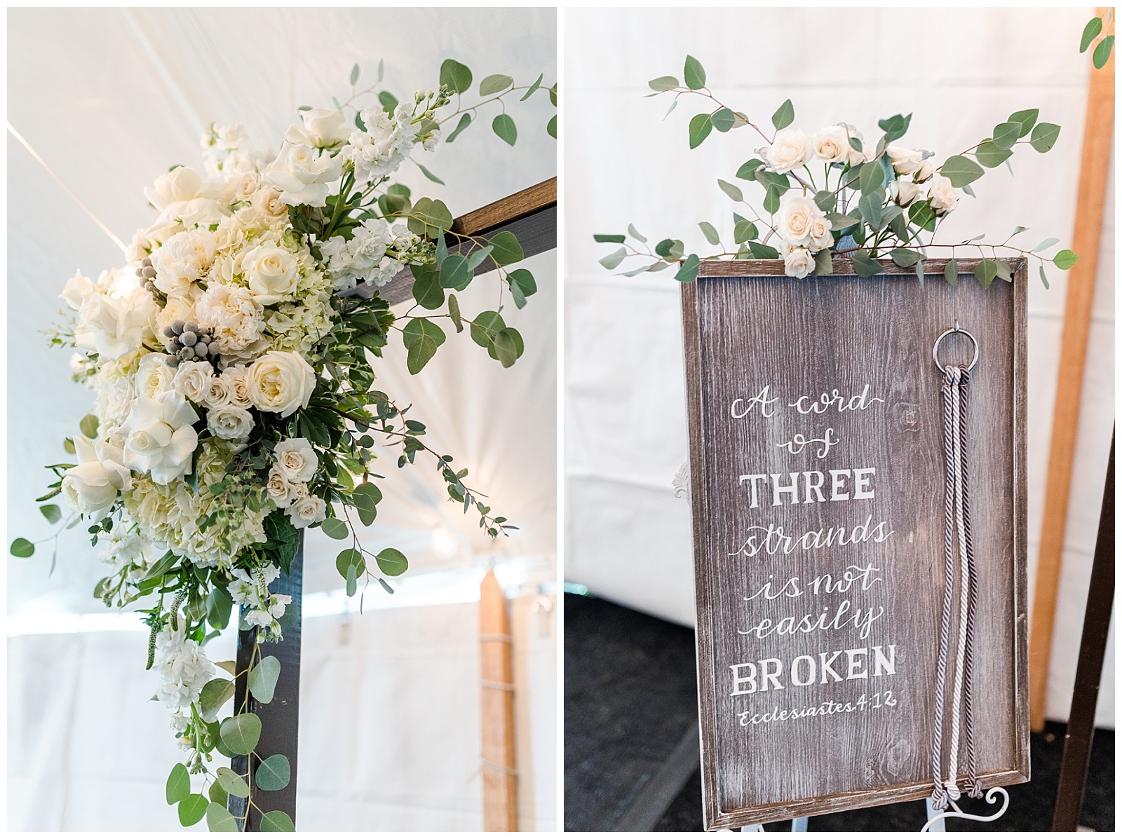 white roses and greenery decorate wedding signage and altar at intimate home wedding in westchester pa