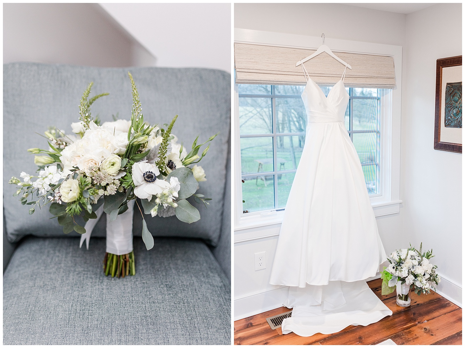 bridal bouquet of white roses and greenery next to hanging wedding gown at intimate home wedding in west chester pa