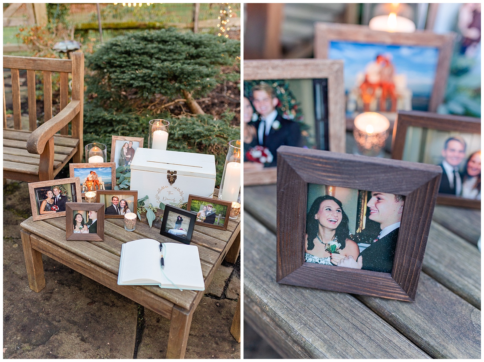 photo display of bride and groom as children at intimate home wedding in west chester pa
