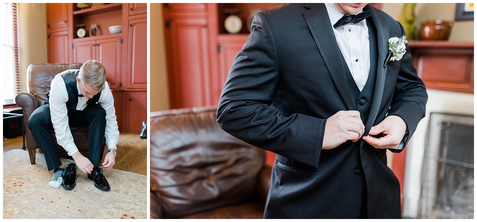 Groom puts on wedding shoes and buttons vest