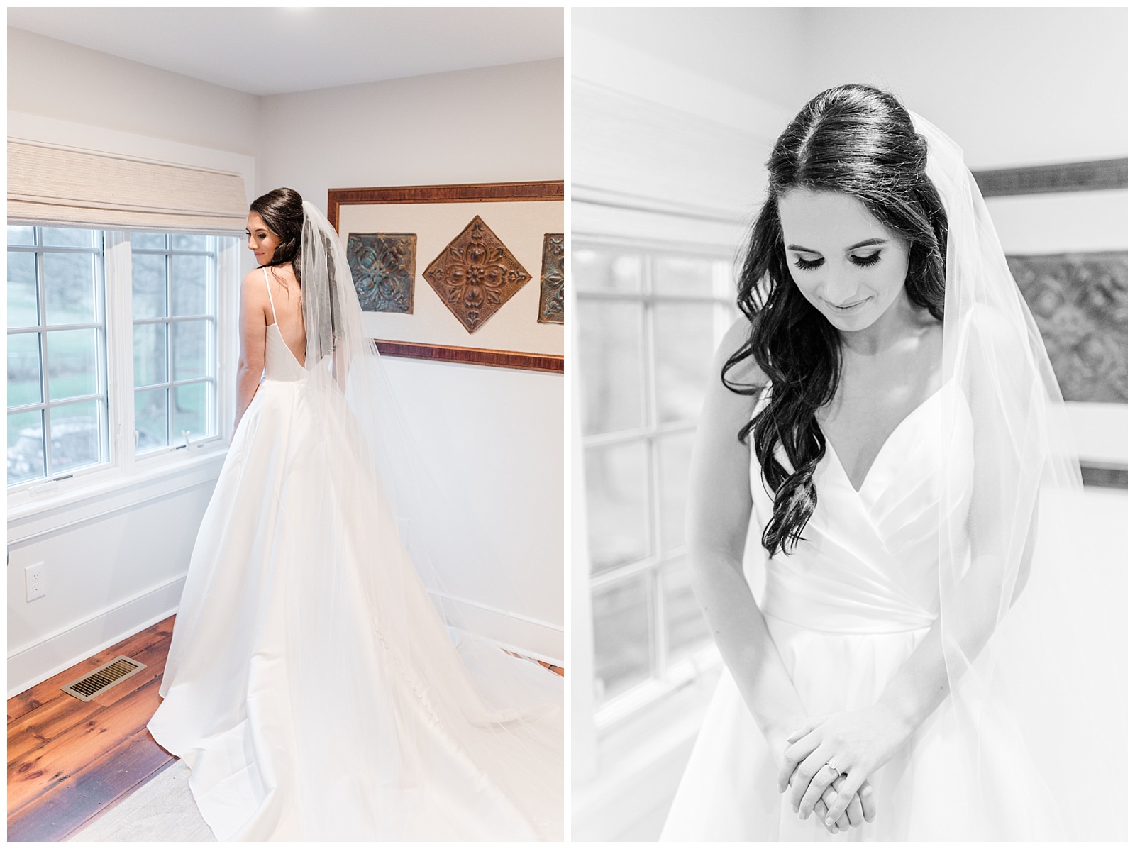bridal portraits by a bedroom window at intimate home wedding in west chester pa