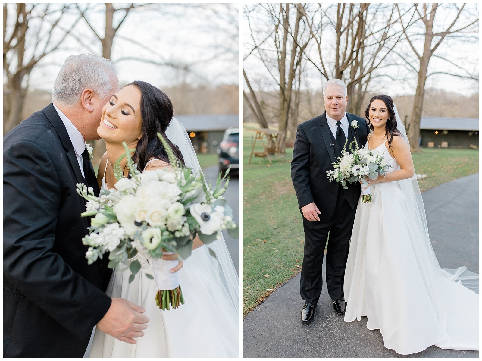father of the bride kisses his daughter on her cheek and poses for a portrait