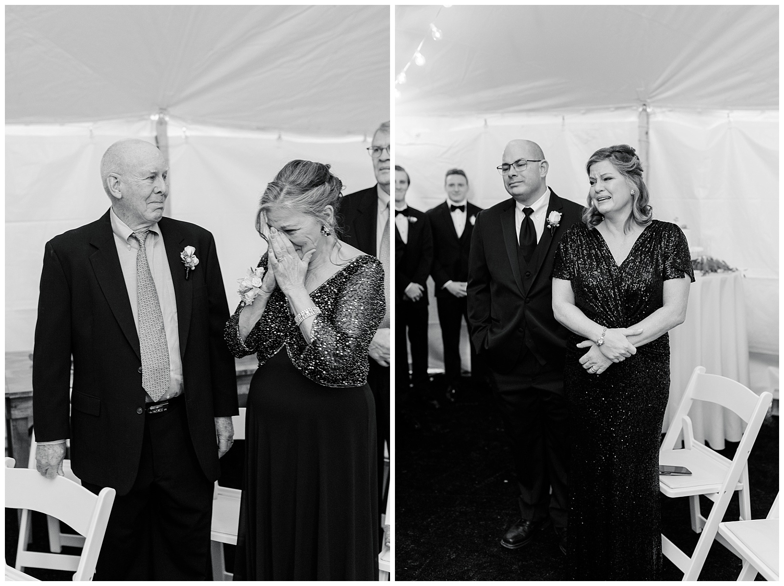 parents of bride and groom react to the bride walking down the aisle at intimate home wedding in west chester pa
