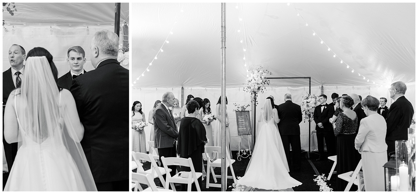 tented ceremony in black and white at intimate home wedding in west chester pa