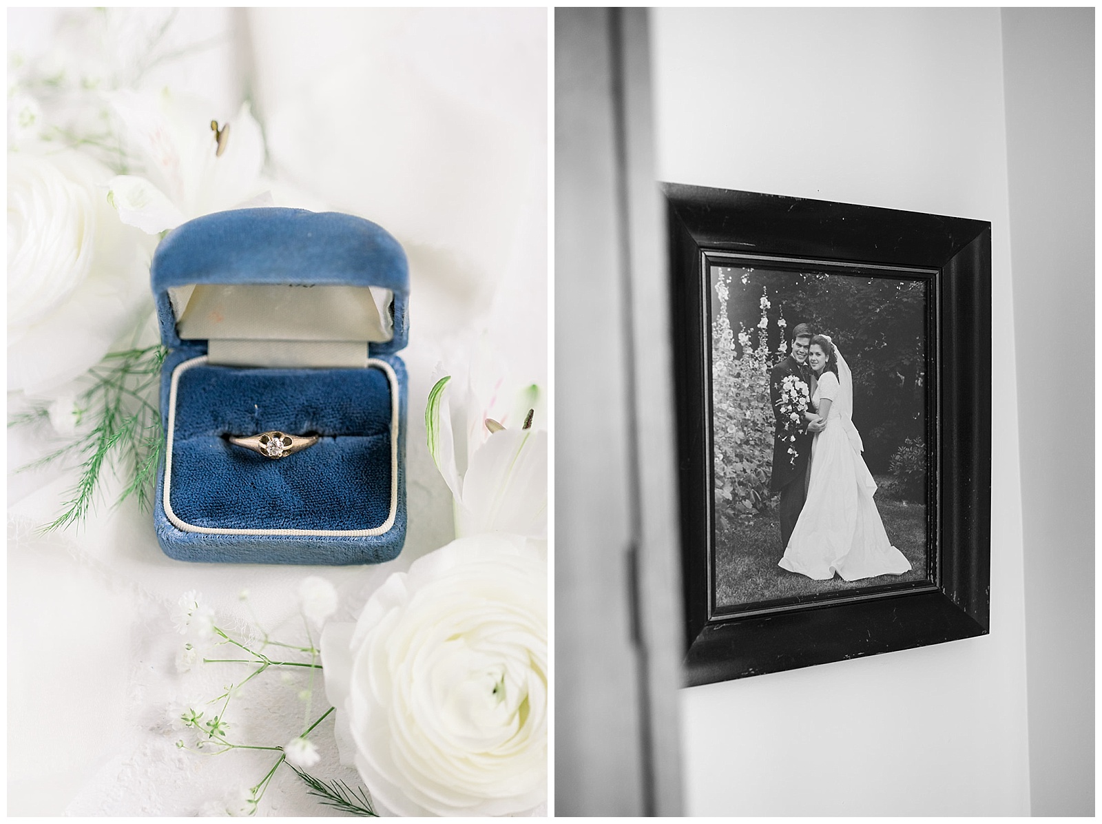 portrait of the parents of the bride and heirloom ring are on display in the bride's home as she gets ready for her wedding, an intimate home ceremony as a gift from her family