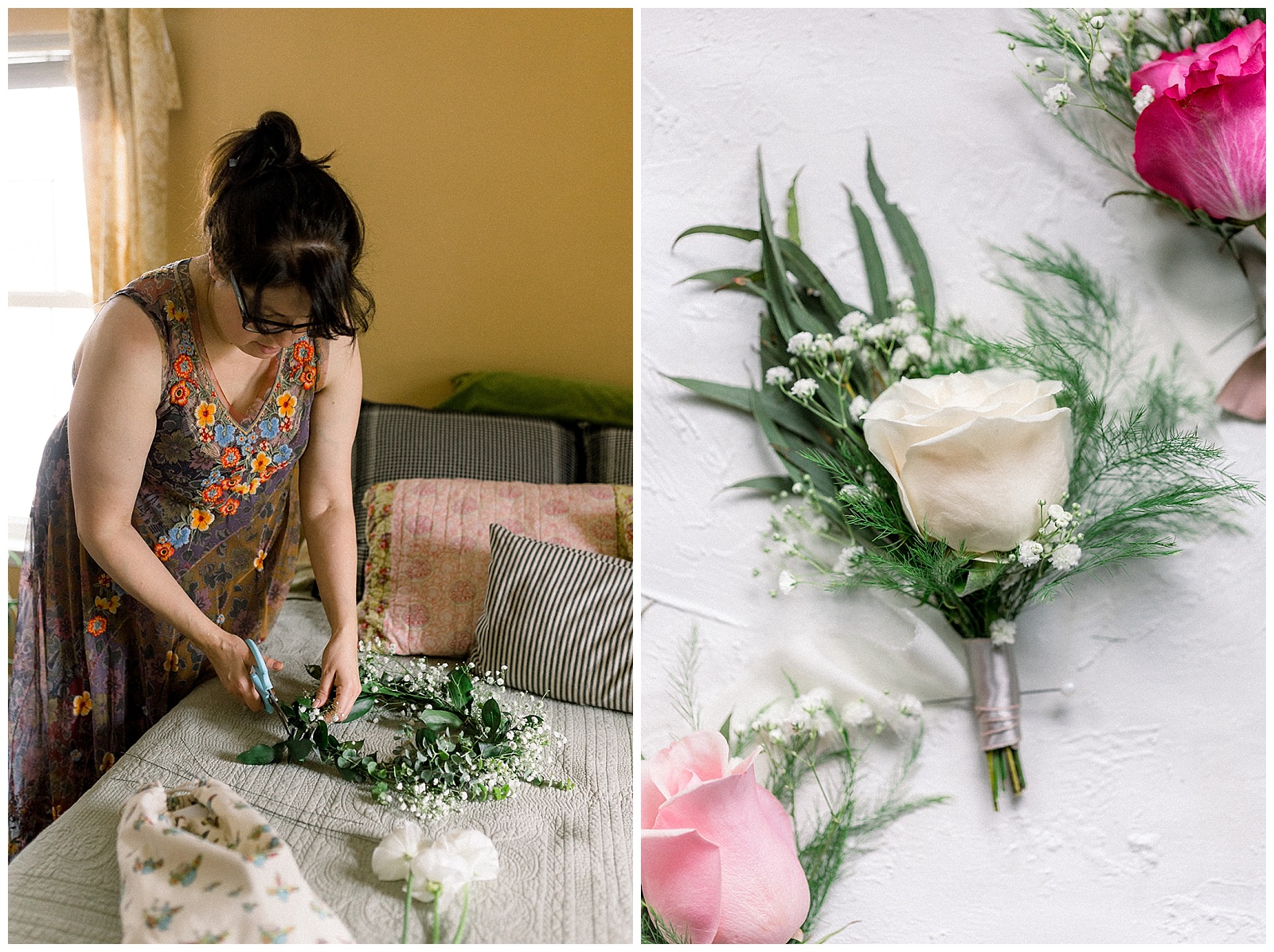 mother of the bride cuts and arranges flowers for her daughter's home wedding