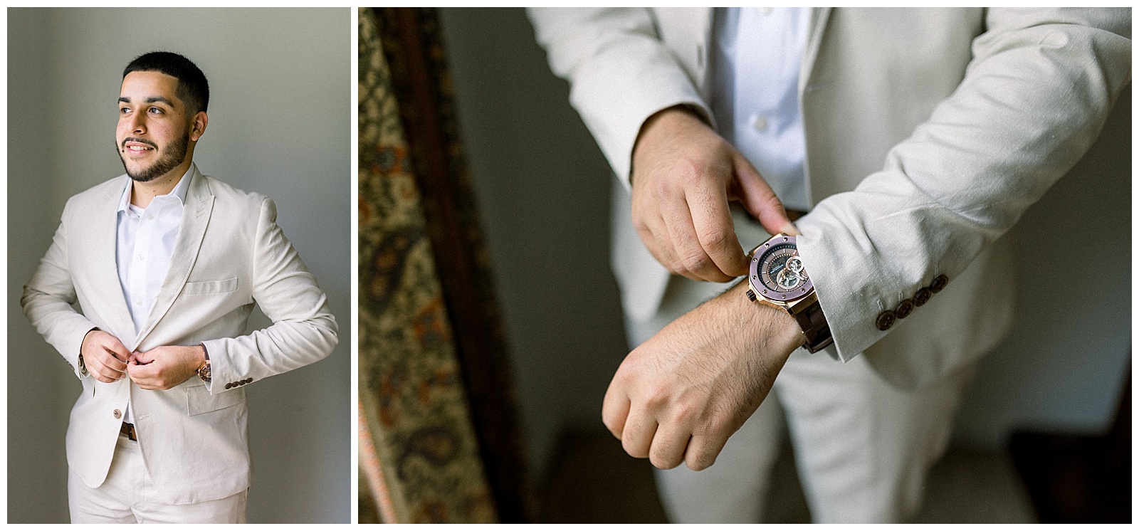 groom-to-be adjusts his watch and jacket cuffs just before his wedding ceremony, an intimate home wedding at the parents of his bride's house