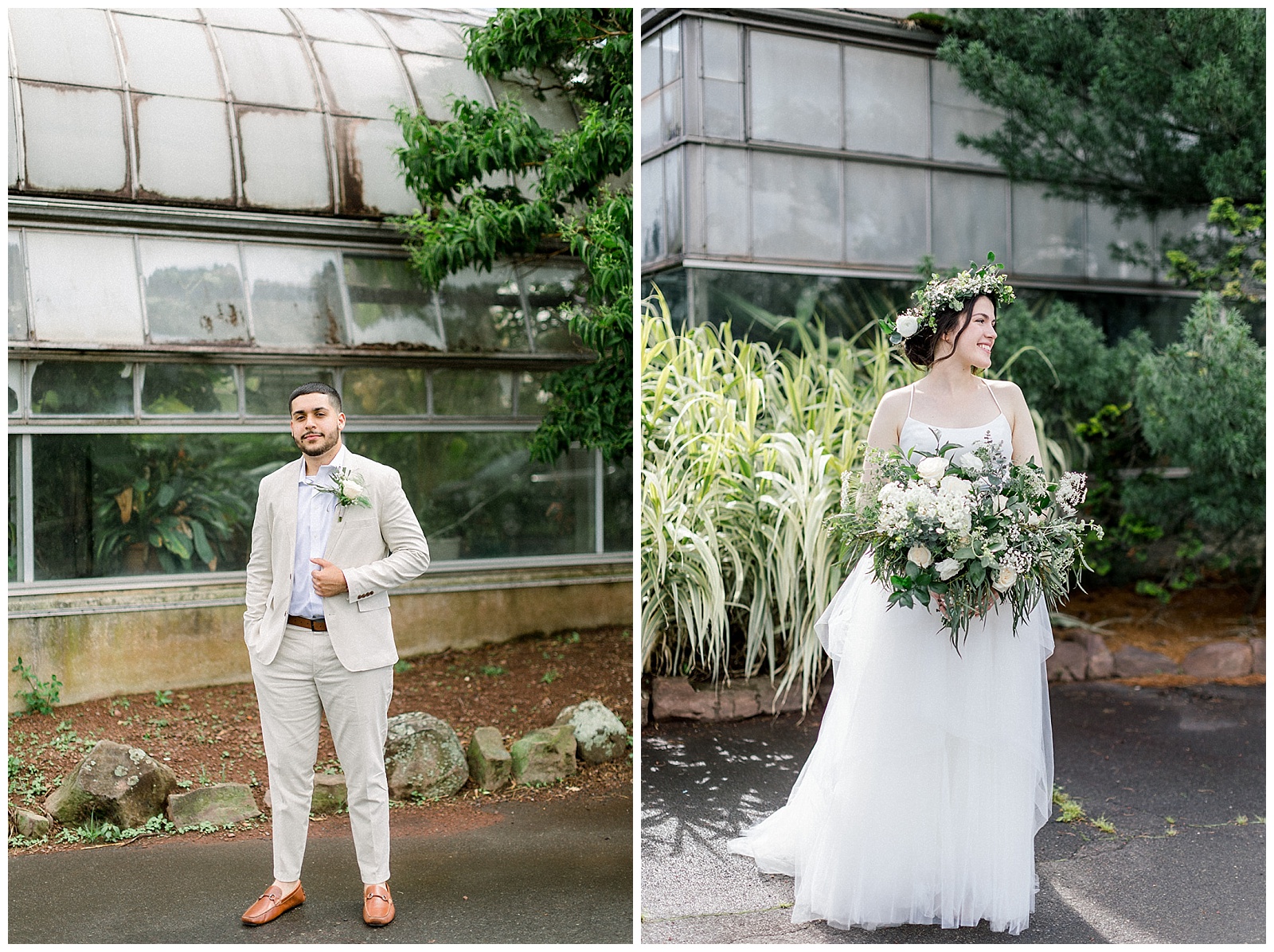 portrait of couple at otts exotic plants greenhouse in pa on their wedding day in boho wedding attire and floral crown, right before their intimate home DIY wedding ceremony