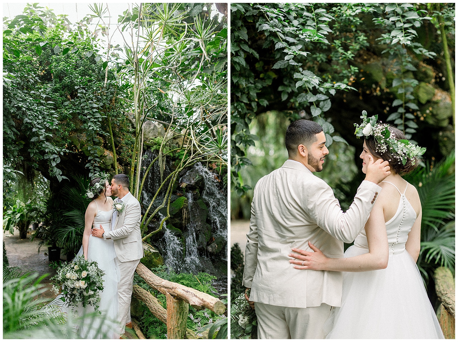 portrait of couple at otts exotic plants greenhouse in pa on their wedding day in boho wedding attire and floral crown, right before their intimate home DIY wedding ceremony
