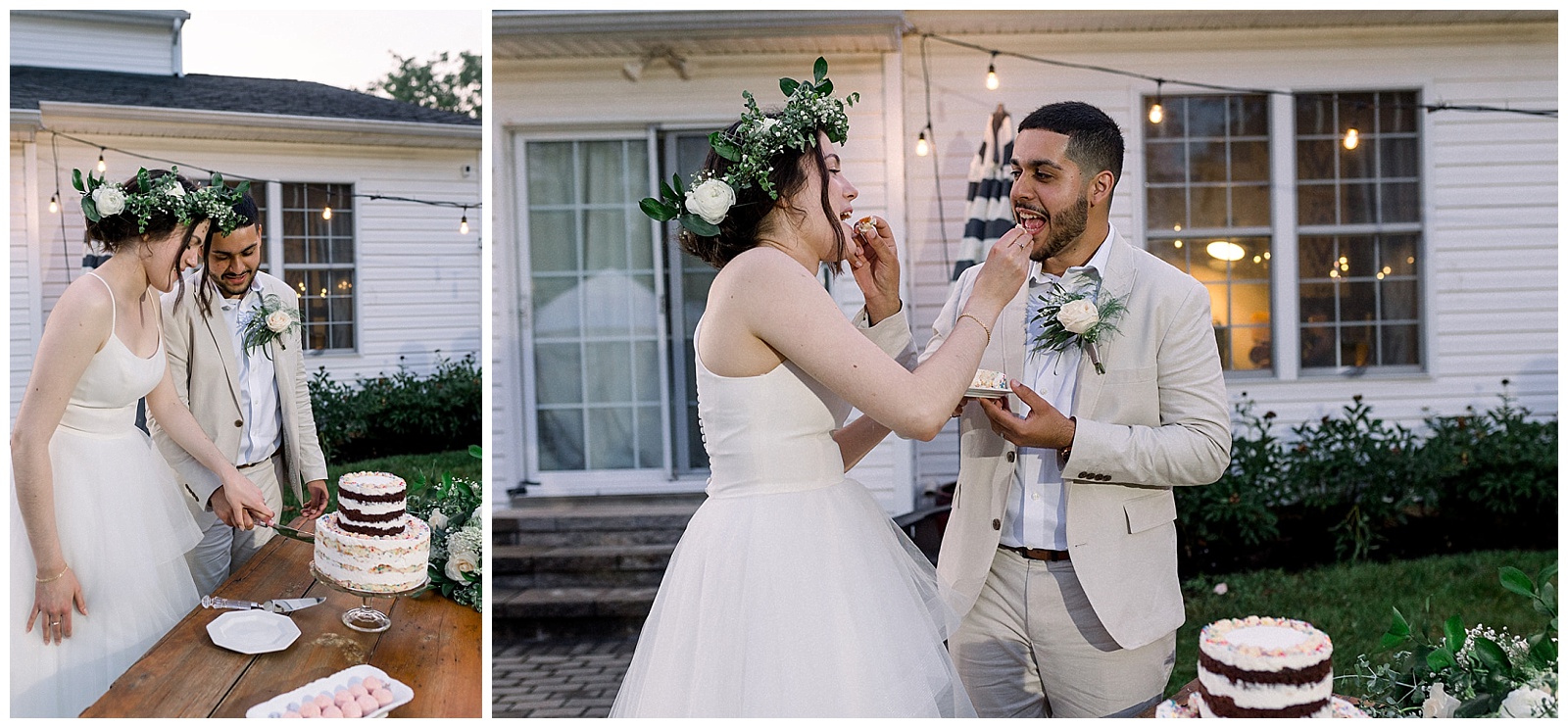 couple shares wedding cake from milk bar nyc at intimate home wedding in pa, right at home on their back patio