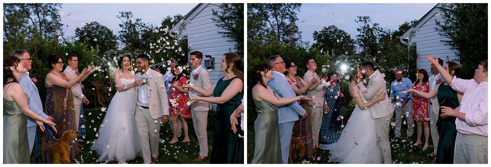 friends and family throw pedals and hold sparklers to celebrate newlyweds at pennsylvania intimate home wedding