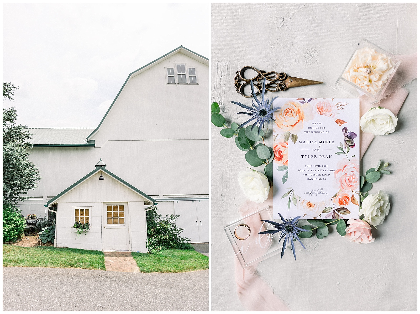 wedding details and exterior images of lakefield weddings, a modern barn wedding venue