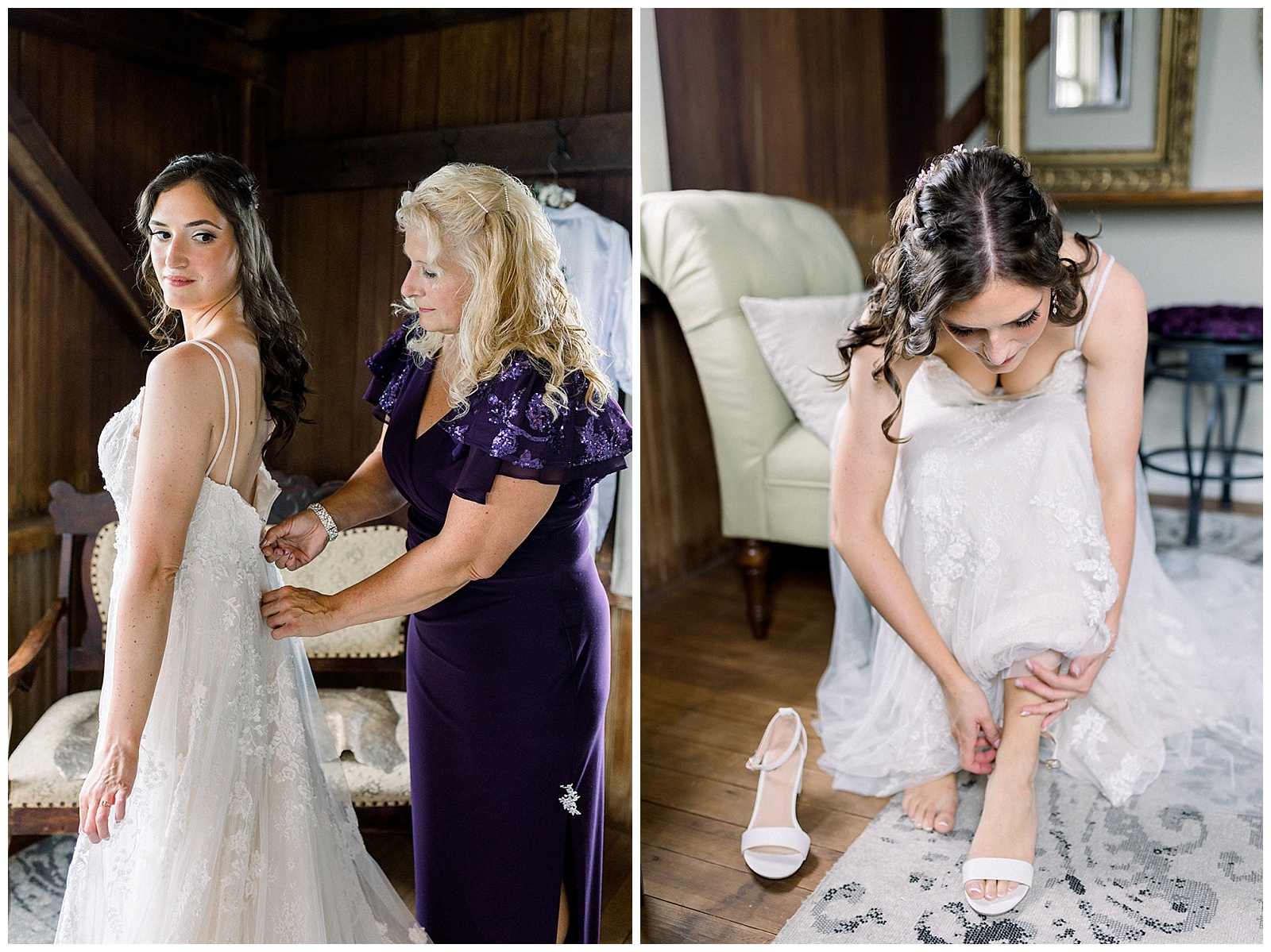 mother of the bride zips her daughter into her wedding dress at lakefield weddings, a modern barn wedding venue 