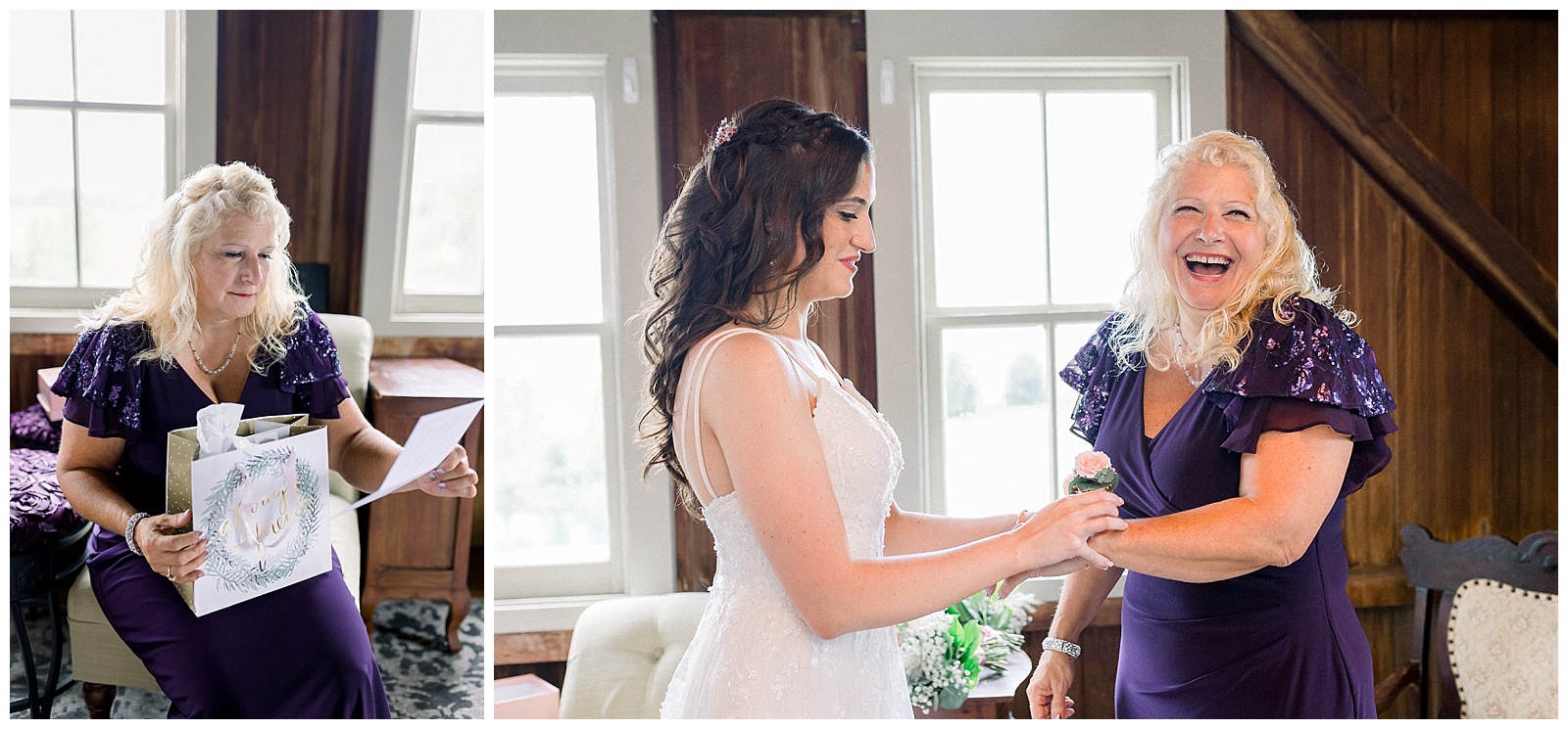 mother of the bride opens a thoughtful gift bracelet from her daughter at their wedding at lakefield weddings, a modern barn wedding venue 