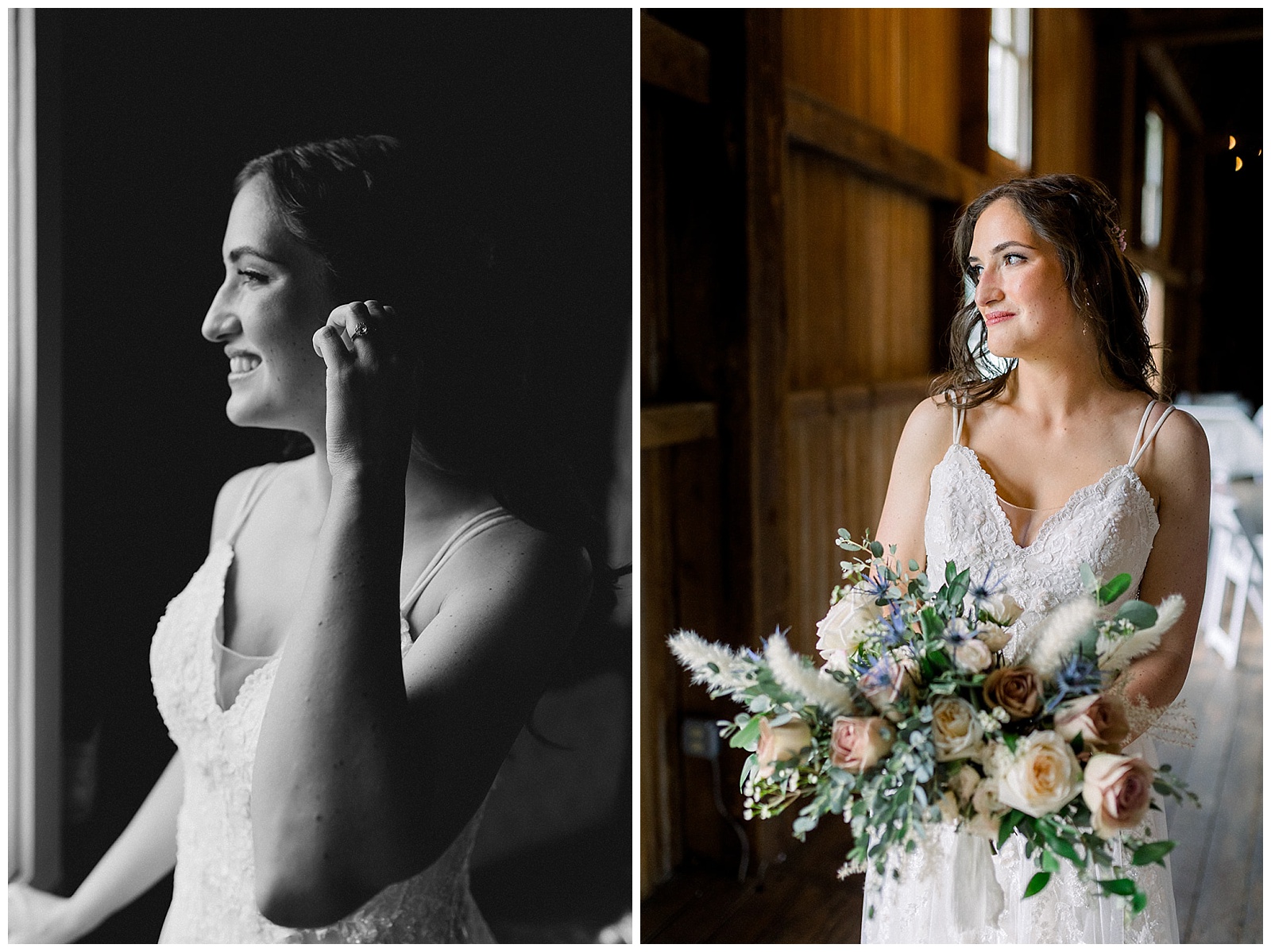bride poses for a portrait by the window at lakefield weddings, a modern barn wedding venue