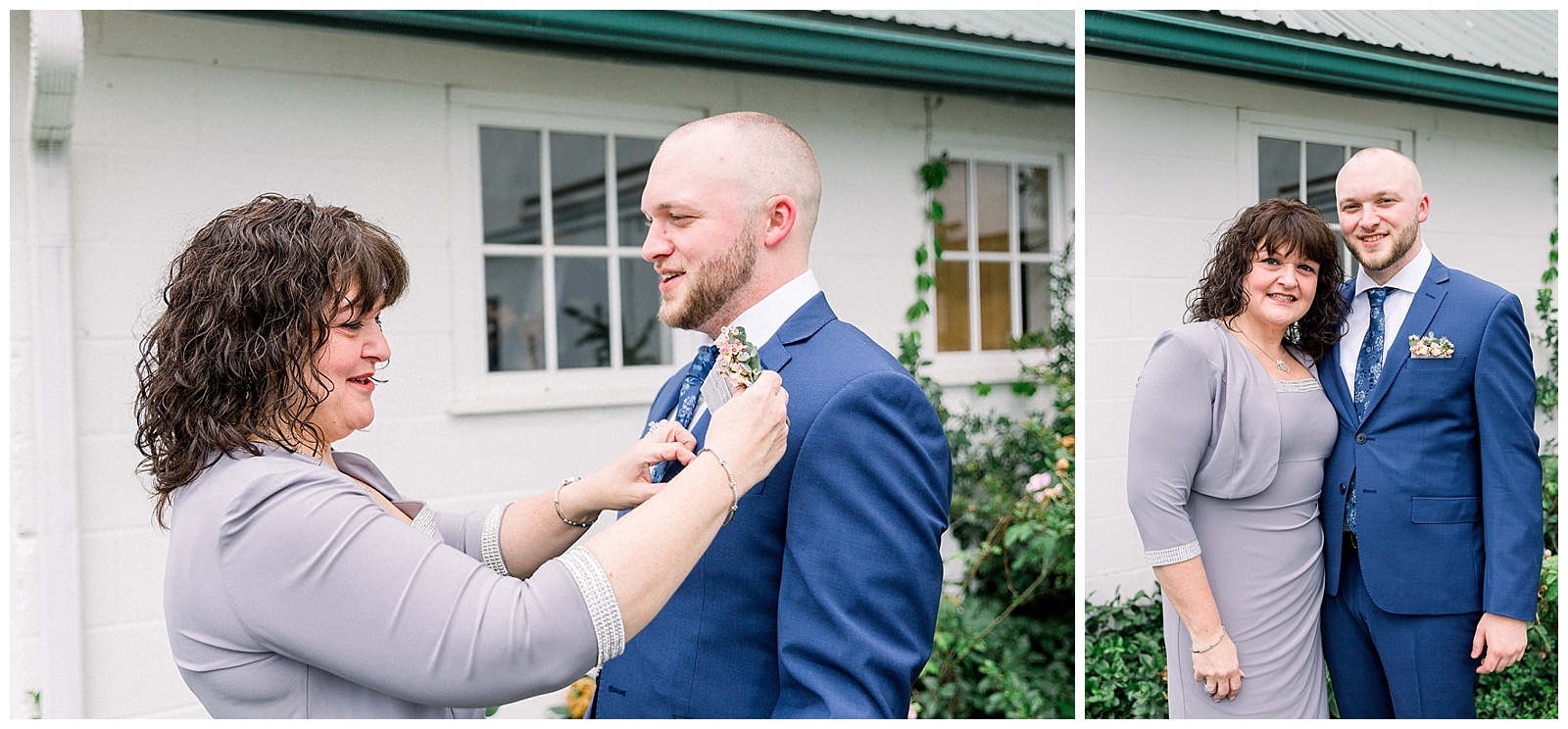 mother of the groom pins on his boutonniere at lakefield weddings, a modern barn wedding venue