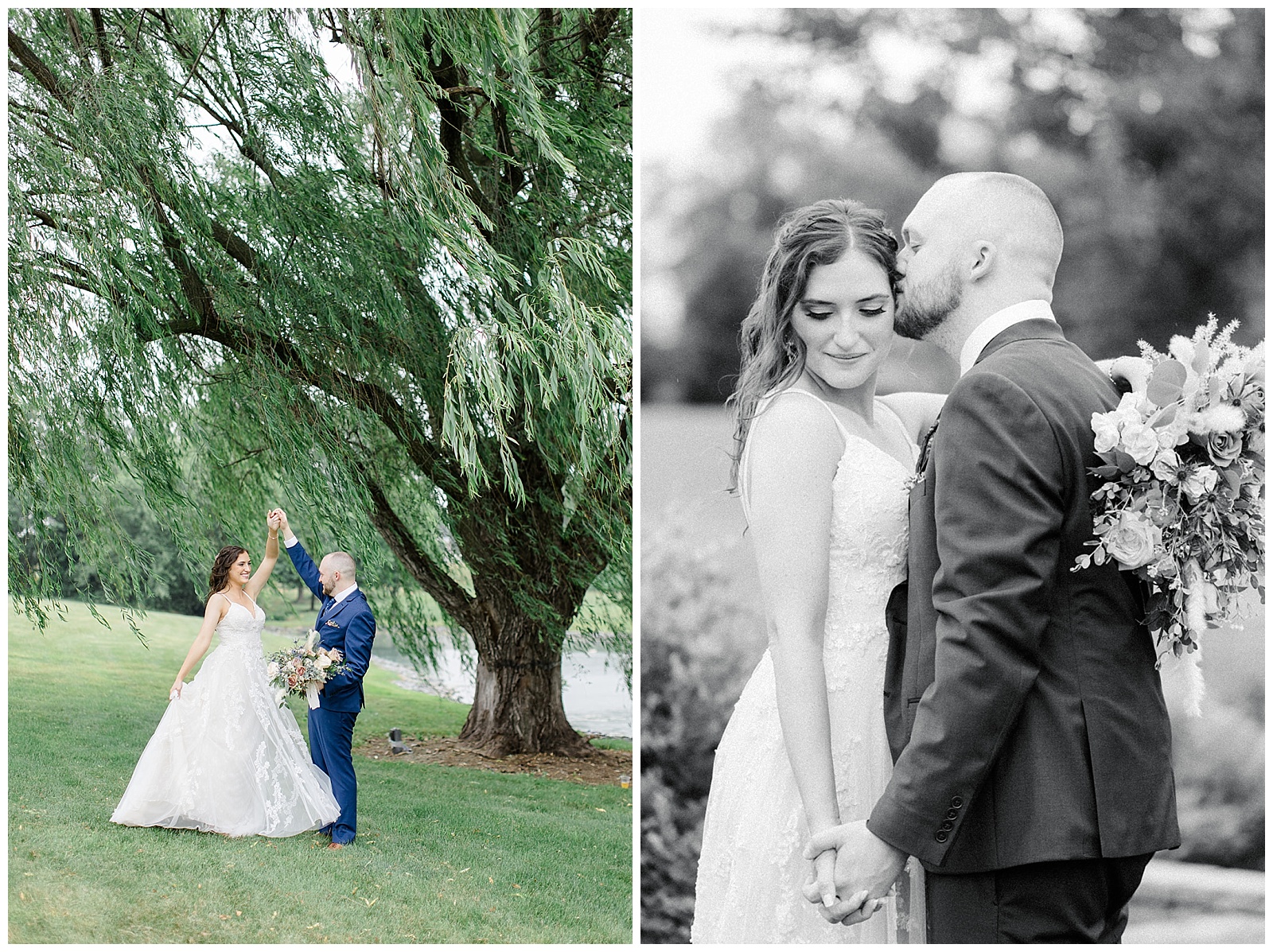couple takes wedding portraits at lakefield weddings, a modern barn wedding venue