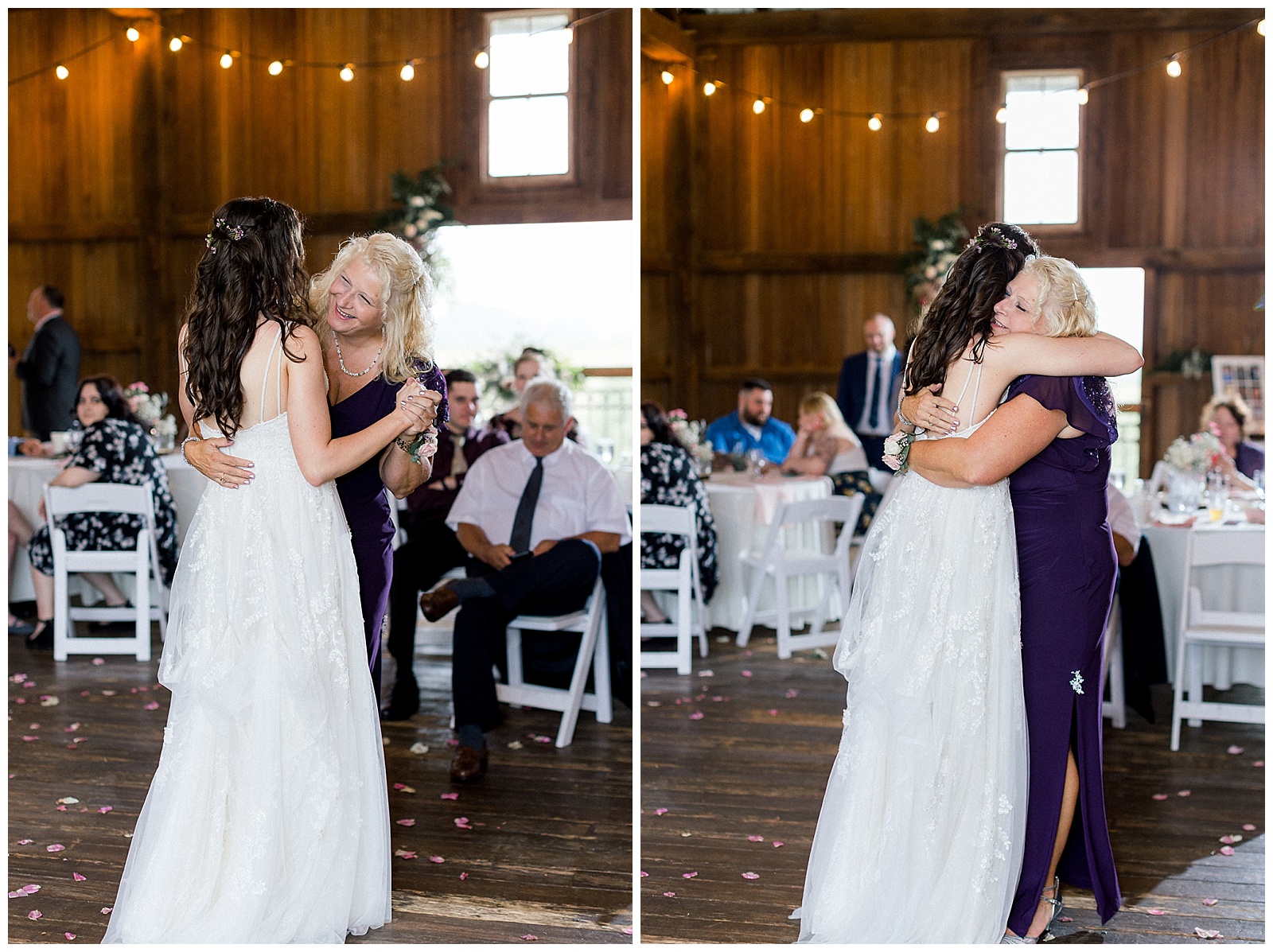 mother of the bride and bride share a dance at the wedding reception at lakefield weddings, a modern barn wedding venue