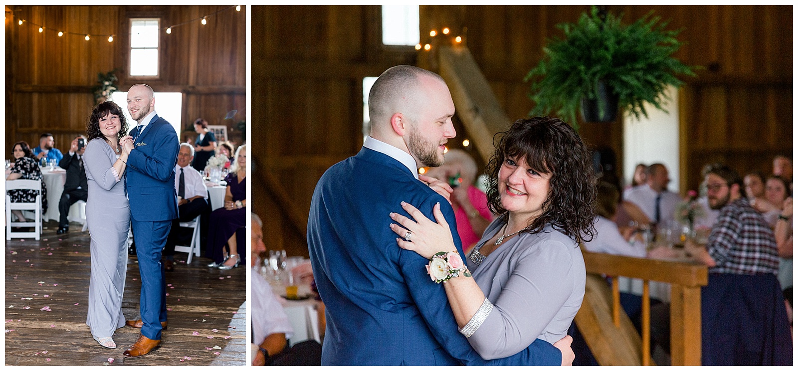 the groom and his mother share a special dance at his wedding reception at lakefield weddings, a modern barn wedding venue