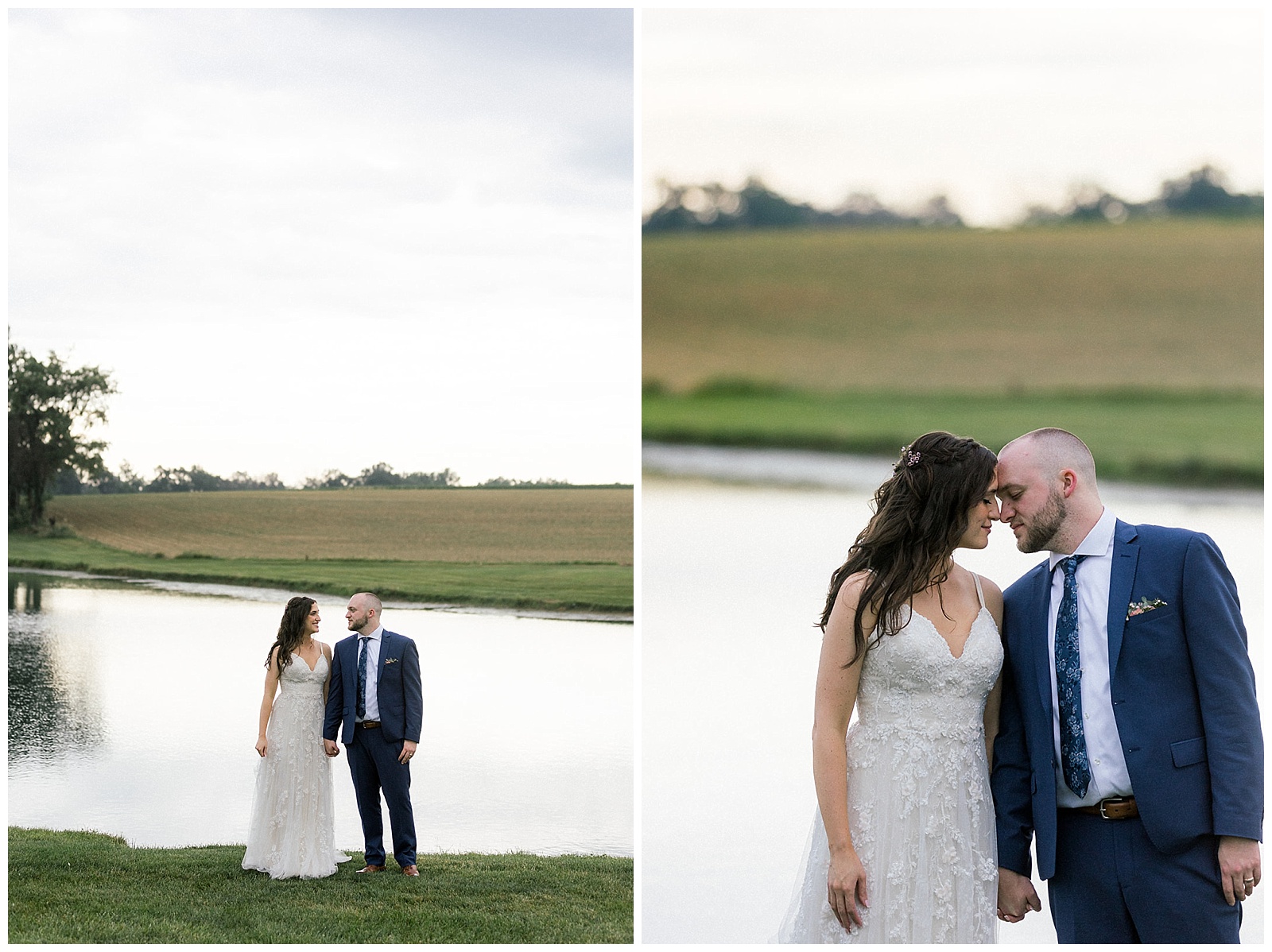 couple takes newlywed portraits in front of the lake at lakefield weddings, a modern barn wedding venue