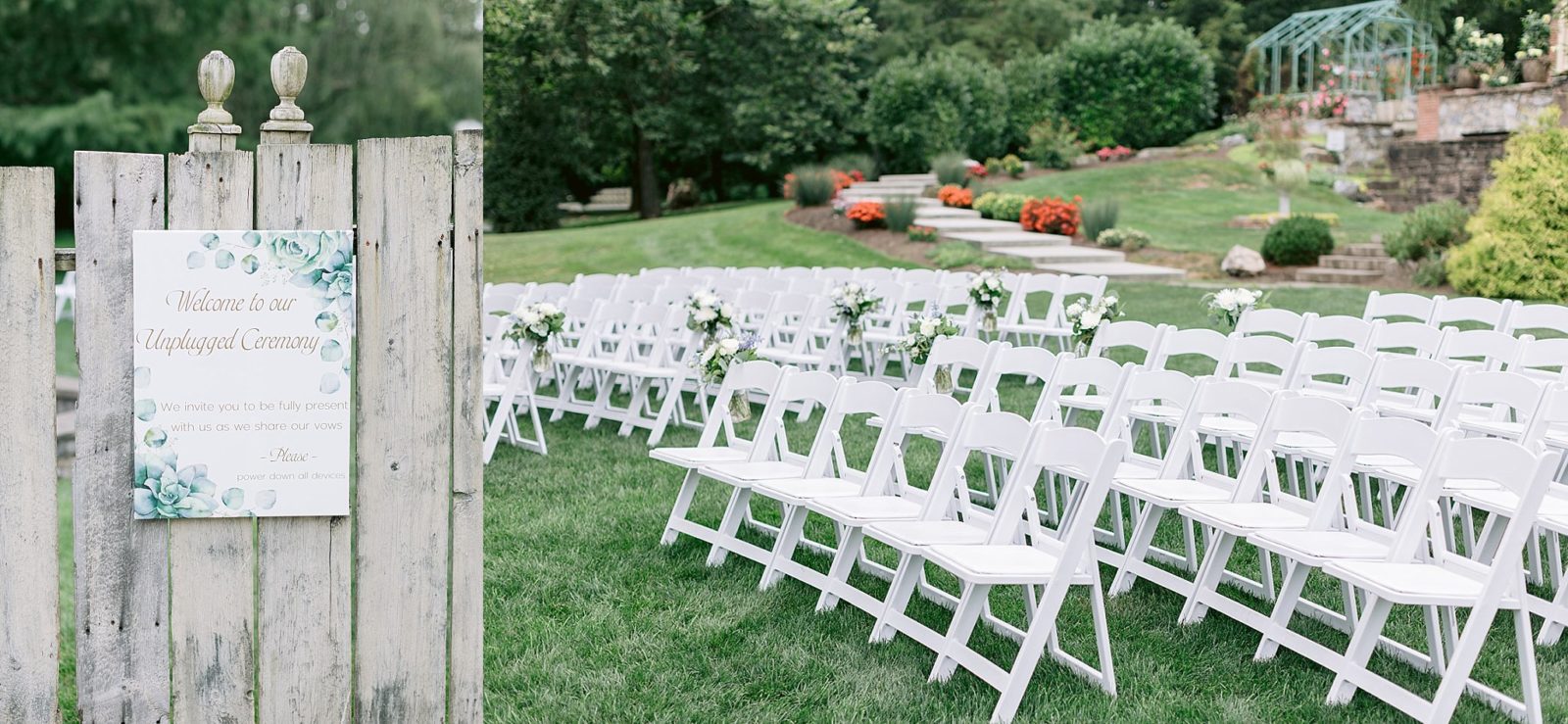 image shows rows of white chairs and an arch decorated with greenery, all set up for an outdoor wedding by the pond at historic acres of hershey