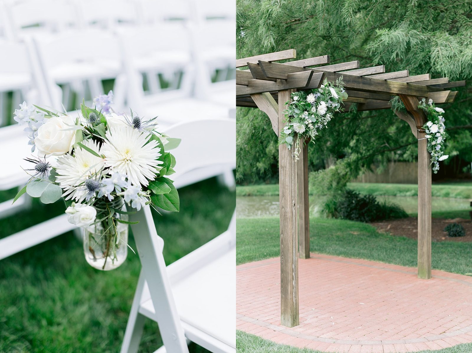 image shows rows of white chairs and an arch decorated with greenery, all set up for an outdoor wedding by the pond at historic acres of hershey