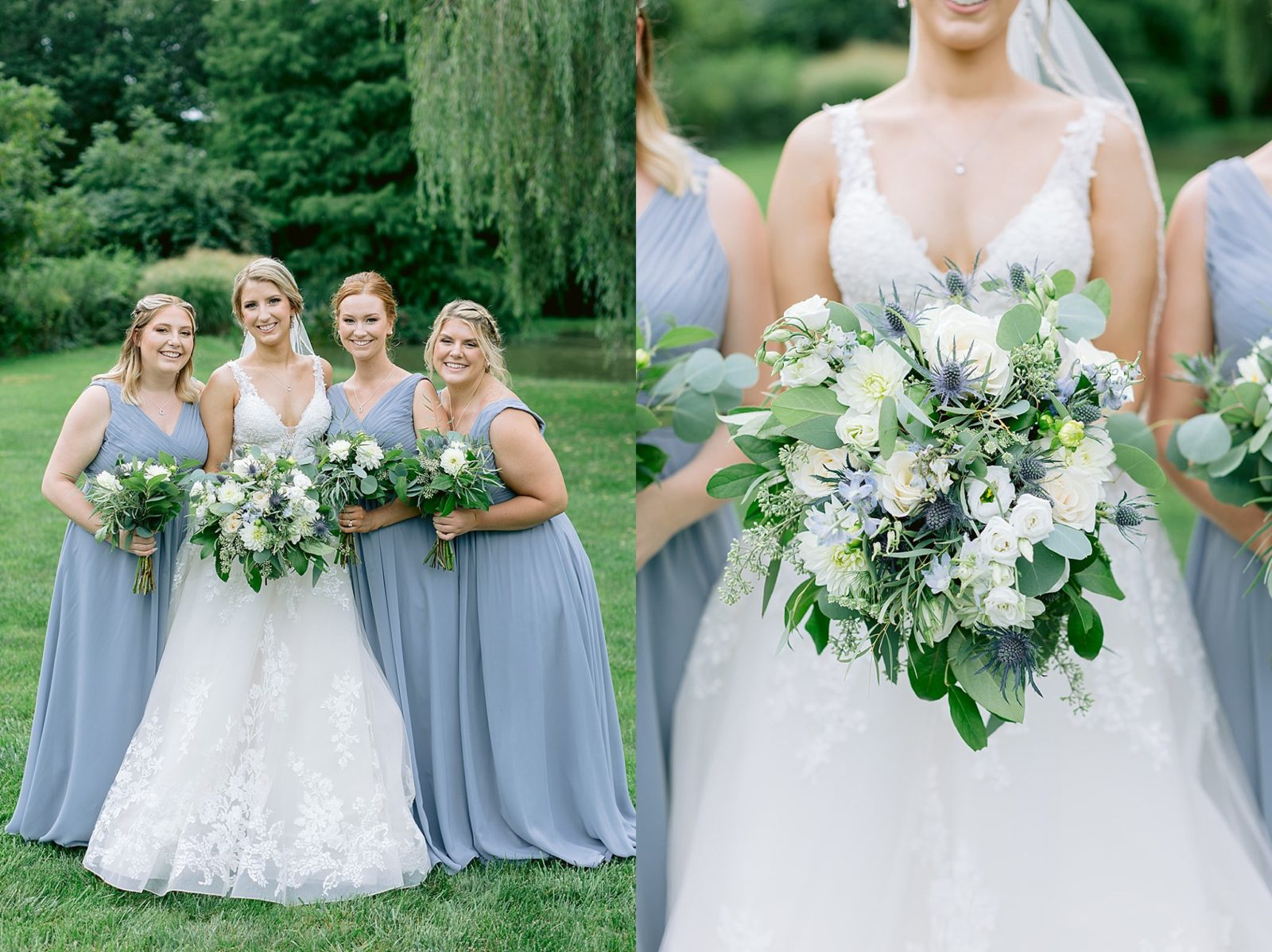 portraits of the full bridal party in blue full length gowns posing beneath the willow trees at historic acres of hershey