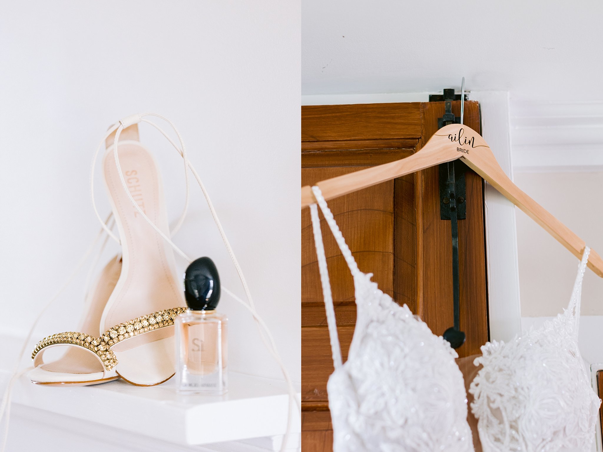 Wedding detail image collage featuring perfume, nude wedge heels, and a strappy lace dress hanging on a custom bridal hanger
