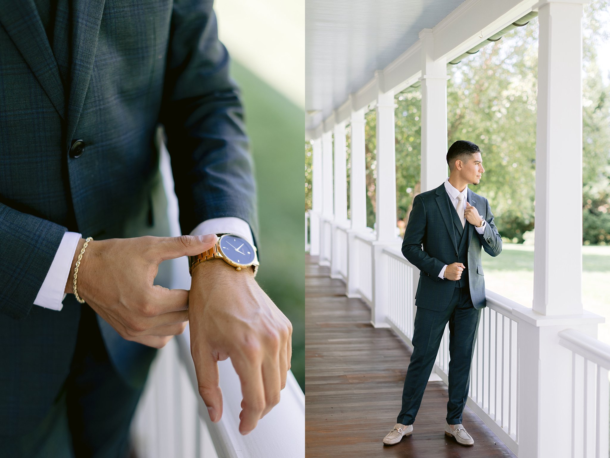 Groom gets ready for his wedding on the porch of Walker's Overlook wedding venue
