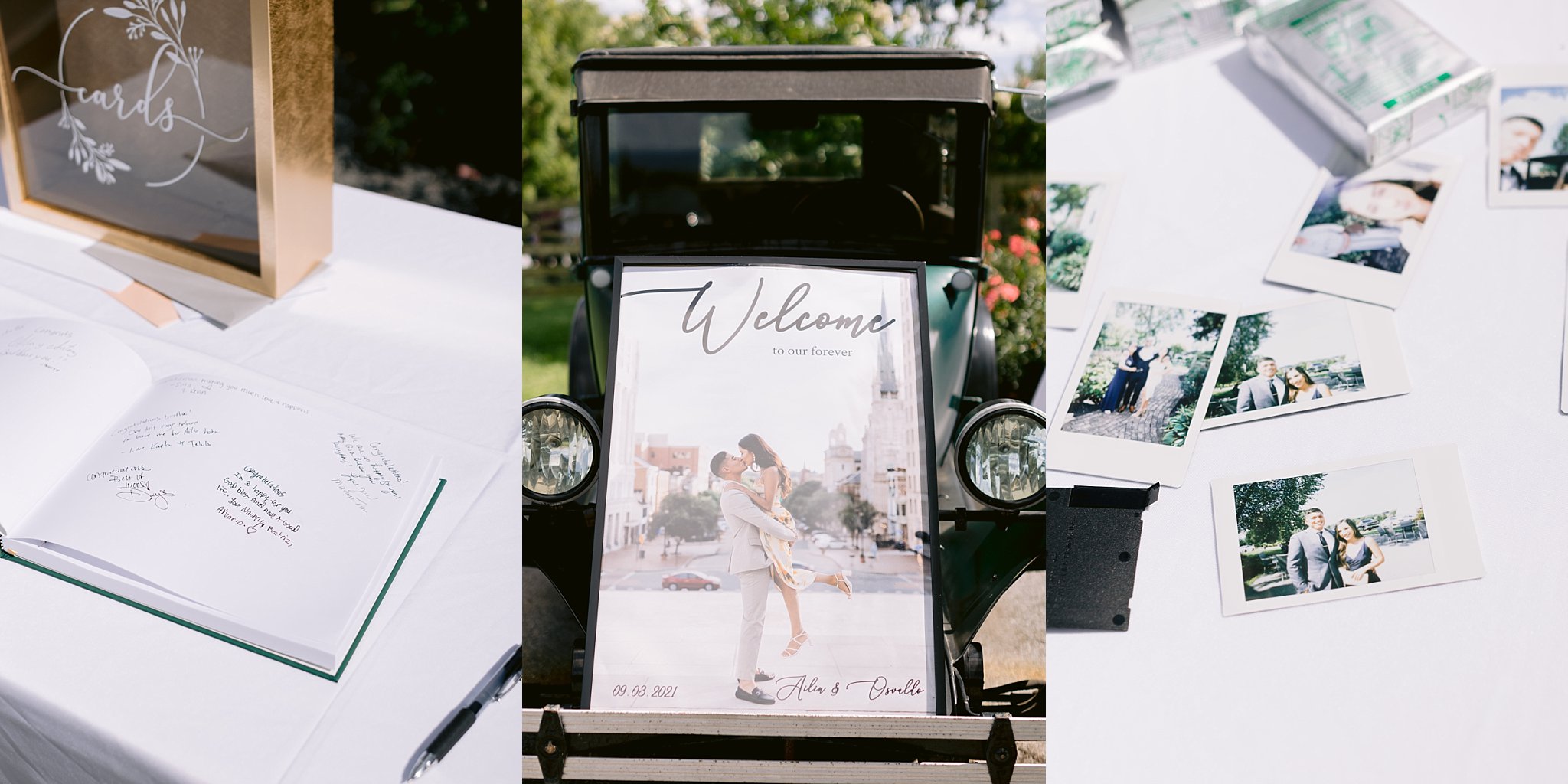 vintage car with welcome sign display for pennsylvania wedding