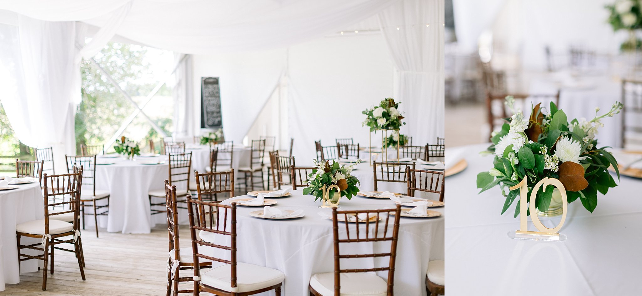 bright white reception tent space at walker's overlook for this summer wedding, decorated with pops of greenery and gold