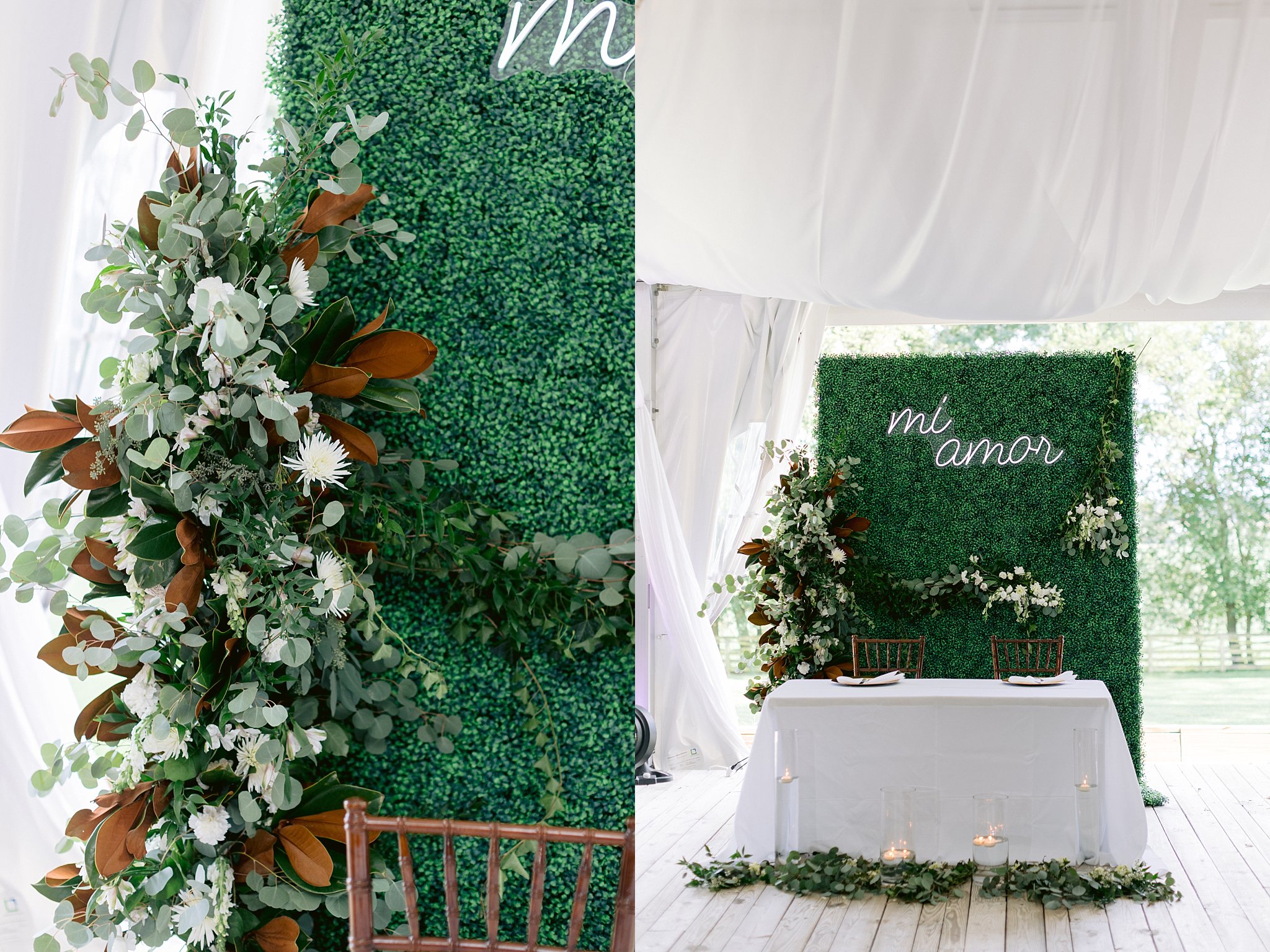faux boxwood accent wall with neon "mi amor" sign set up behind sweetheart table at this wedding at walker's overlook