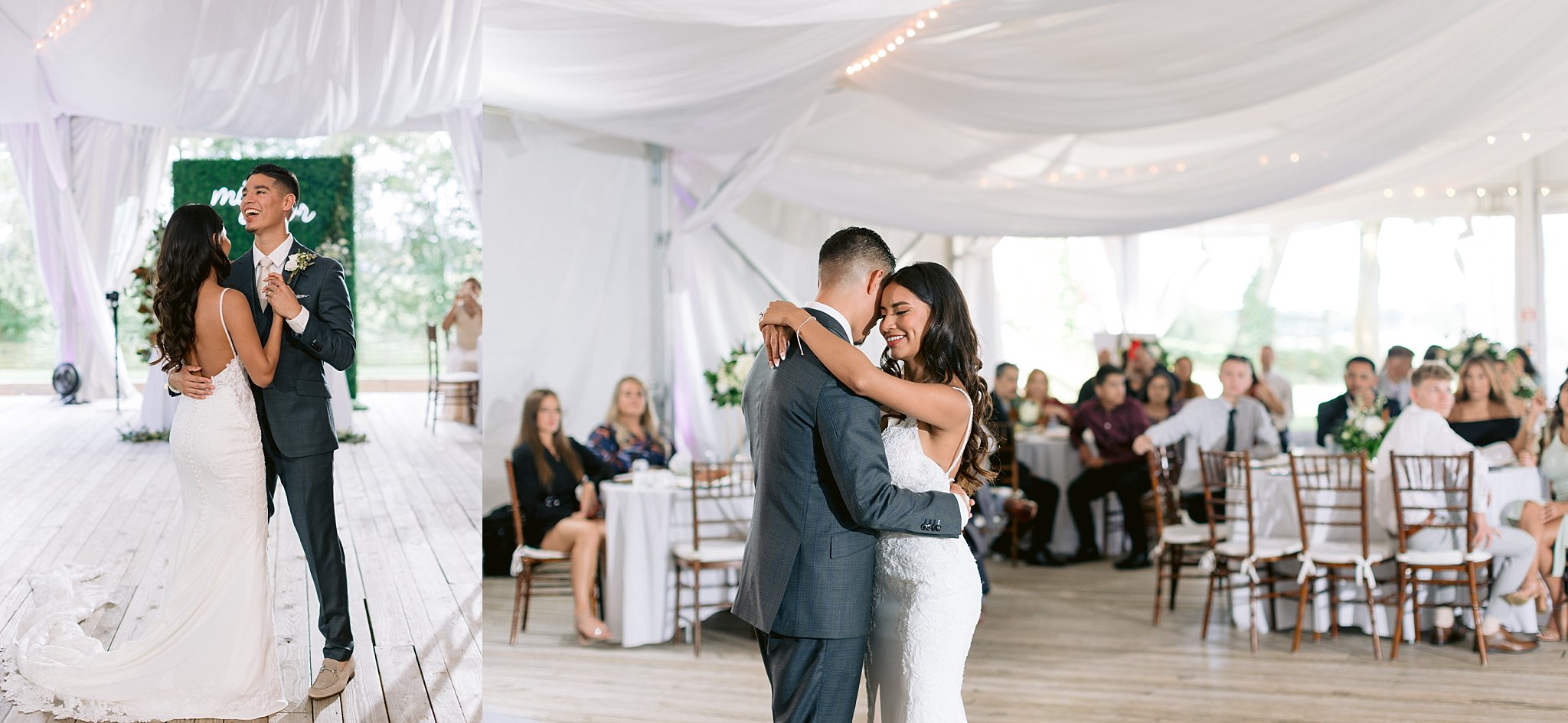 Bride and groom, york college alumni, share a first dance at their tented reception at walker's overlook in MD