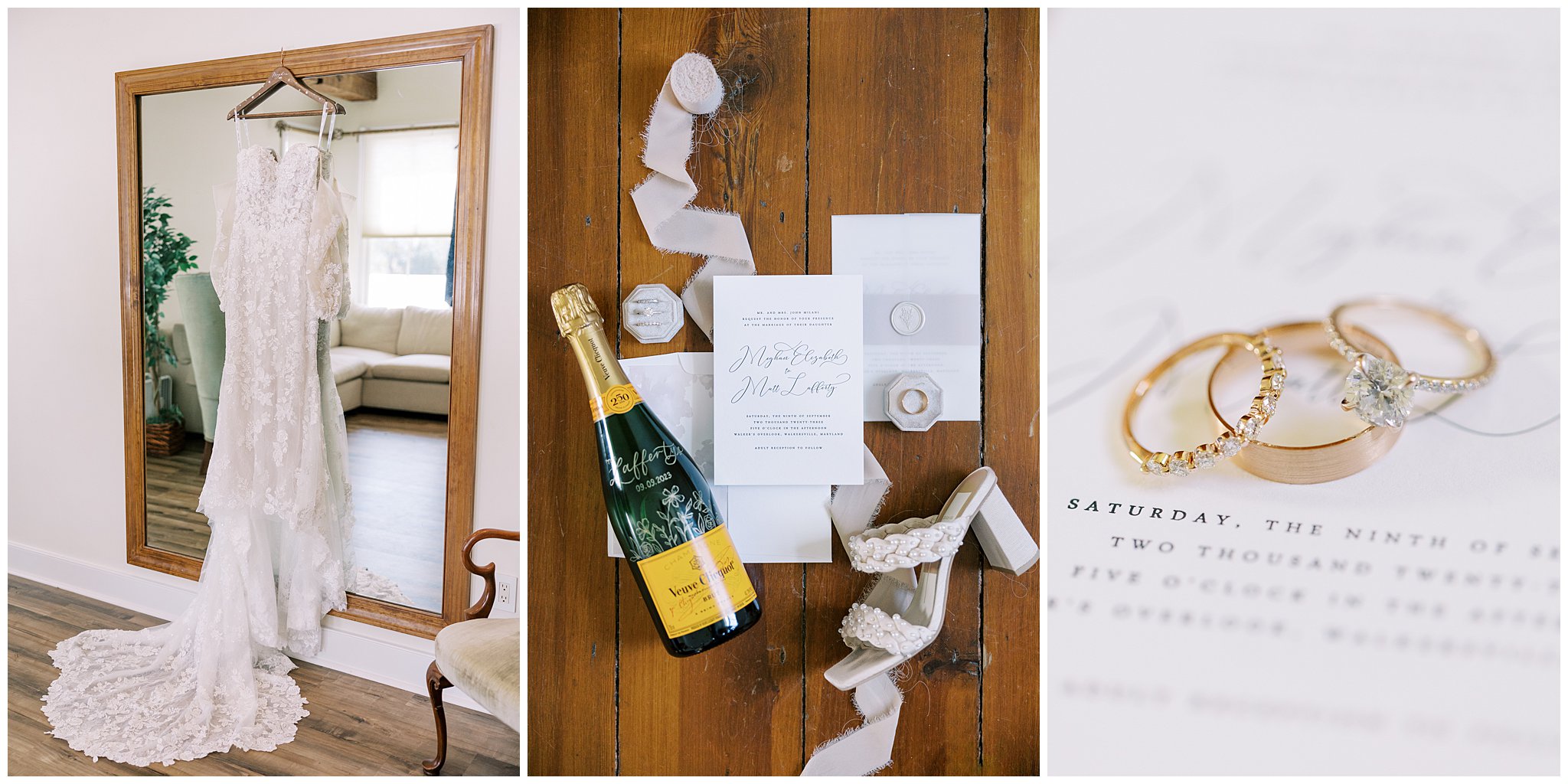 Details from a Walker's Overlook wedding day. Dress hanging from large mirror, a flat lay of invitations, shoes, rings, and Champagne. A close up photo of three rings. 