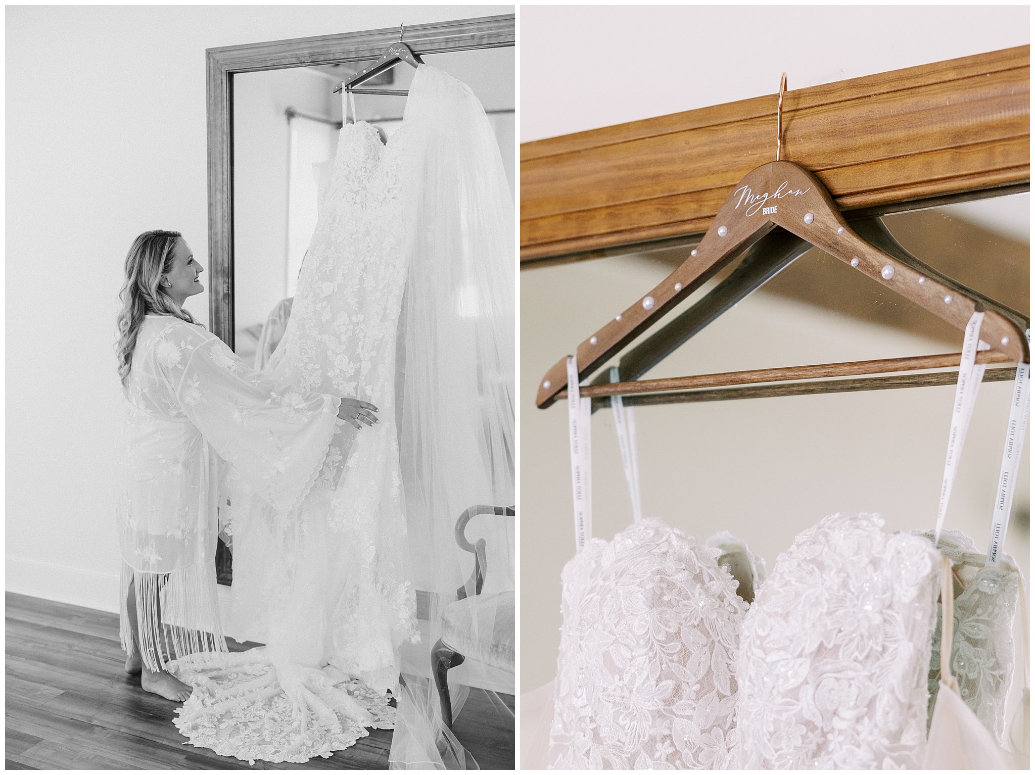 Meghan's custom hanger holds her stunning lace wedding dress. 