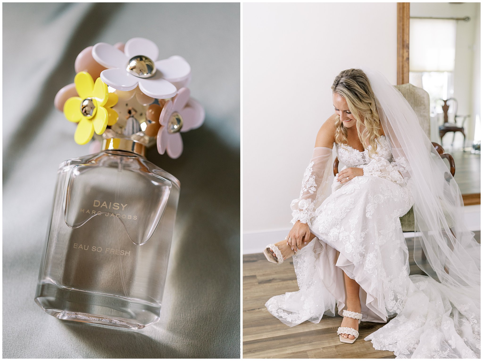 Left photo includes daisy perfume detail shot. Right photo is the bride putting on her shoes.