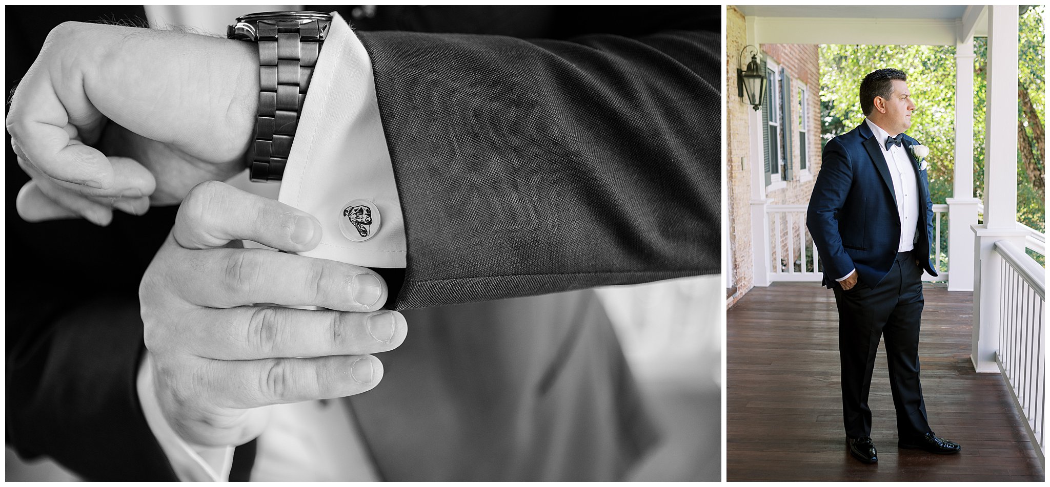 The groom shoes his custom cuff links that have an image of the couple's dog engraved in it.